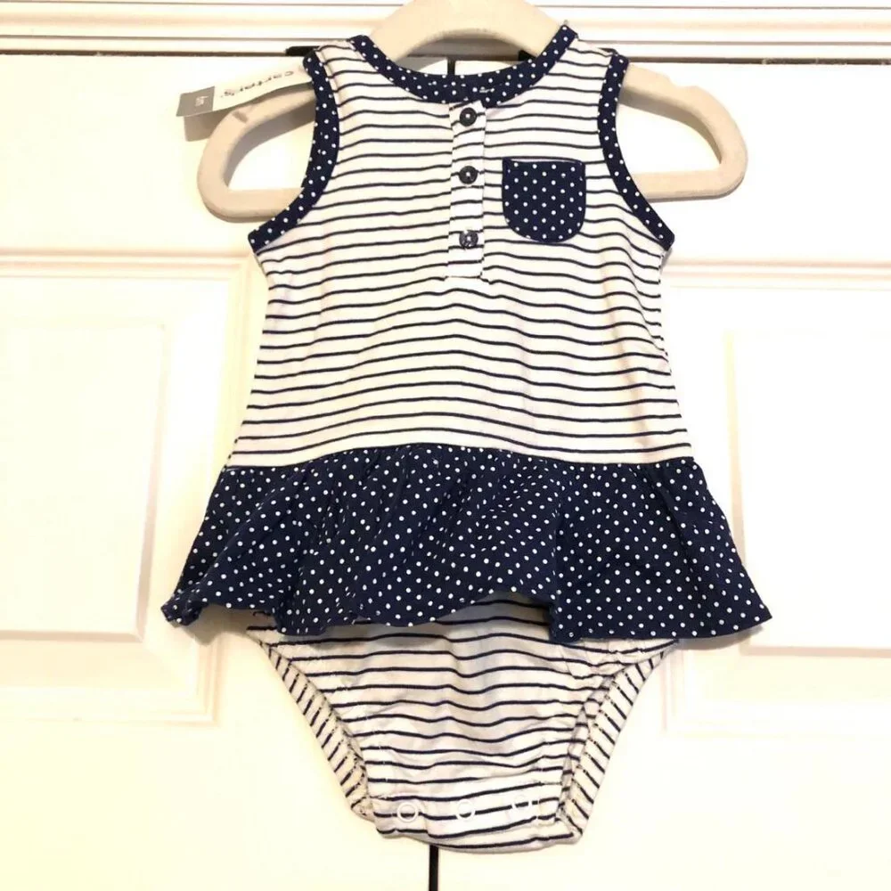 NWT CARTER'S 1-pc Stripe Henley Sunsuit w Polka-dot Ruffle Skirt Navy\White 6MO